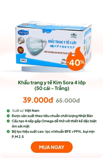 Khẩu trang y tế Kim Sora bán nguyệt 4 lớp (50 cái - Trắng)