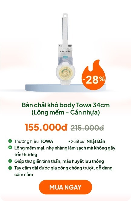 Bàn chải khô body, tẩy da chết, tắm massage toàn thân Towa 34cm (Lông mềm - Cán nhựa)