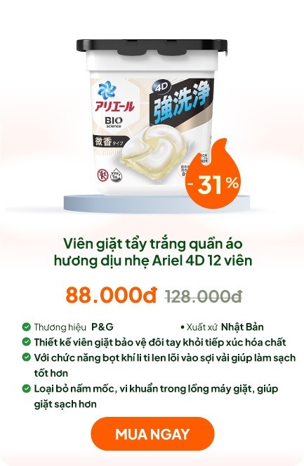 Viên giặt tẩy trắng quần áo Ariel 4D 12 viên Hương dịu nhẹ
