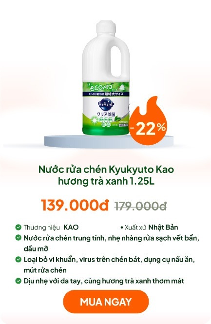 Nước rửa chén Kyukyuto Kao chống khuẩn khử mùi hương trà xanh 1.25L