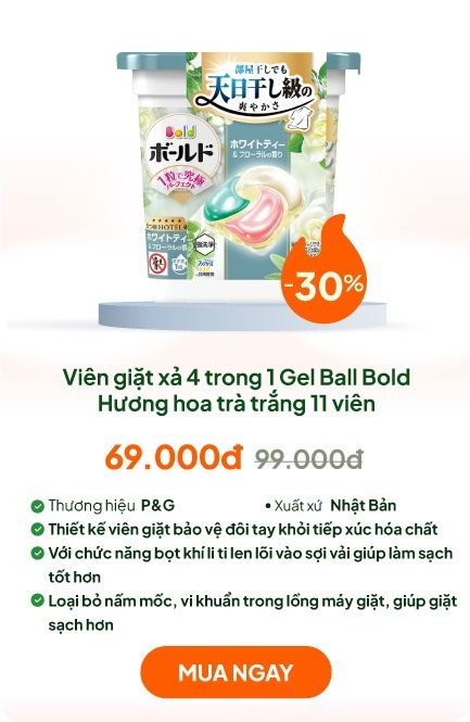 Viên giặt xả Nhật Bản khử mùi, chống nhăn, ố vàng 4 trong 1 Gel Ball Bold P&G Hương hoa trà trắng 11 viên