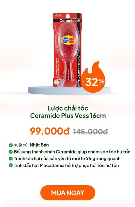 Lược chải tóc Ceramide Plus chăm sóc tóc hư tổn Vess 16cm