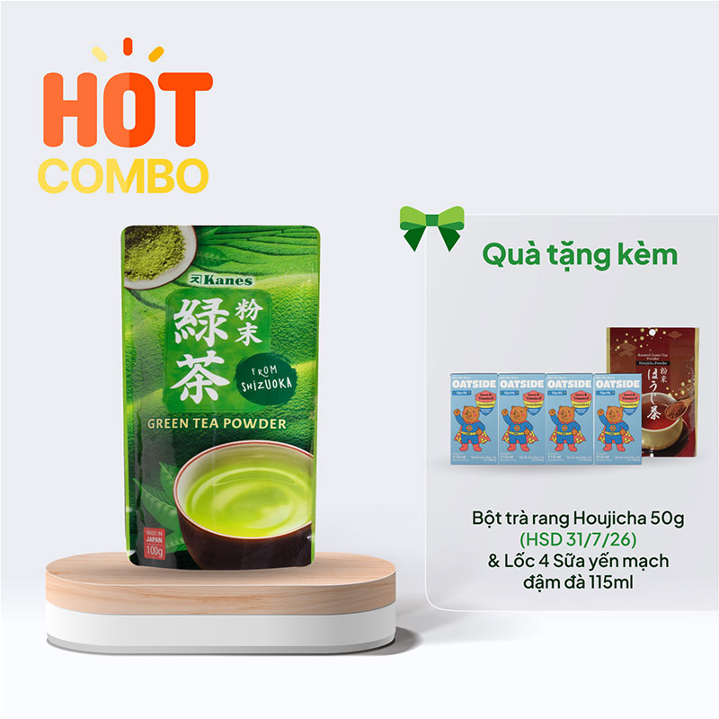 Combo mua Bột trà xanh Nhật Bản Kanes 100g tặng Bột trà rang Houjicha 50g (HSD:31/7/26) & Lốc 4 Sữa yến mạch đậm đà 115ml