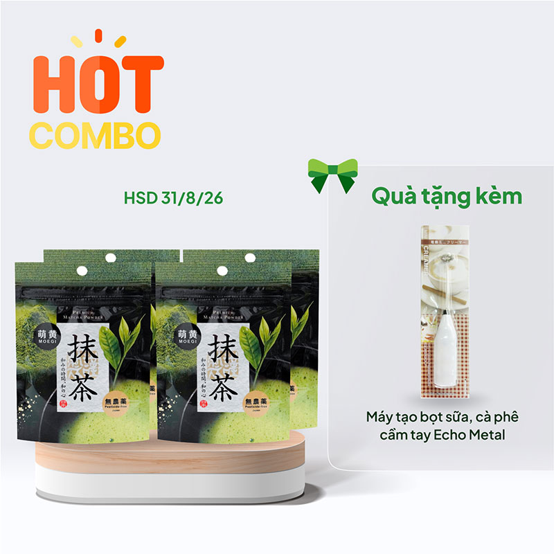 Combo siêu hời mua 4 Bột trà xanh Matcha Premium Kanes 30g (HSD: 31/8/26) tặng Máy tạo bọt sữa, cà phê cầm tay Echo Metal