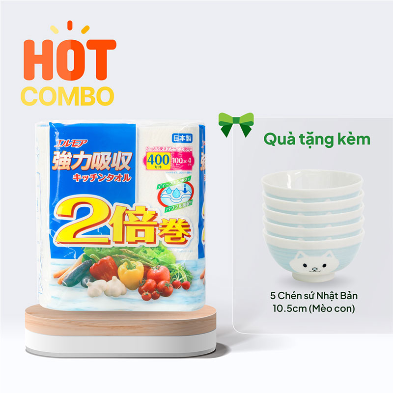 Combo siêu hời mua Khăn giấy bếp Nhật Bản đa năng Ellemoi 2 lớp (4 cuộnx100 tờ) tặng 5 Chén sứ Nhật Bản 10.5cm (Mèo con)