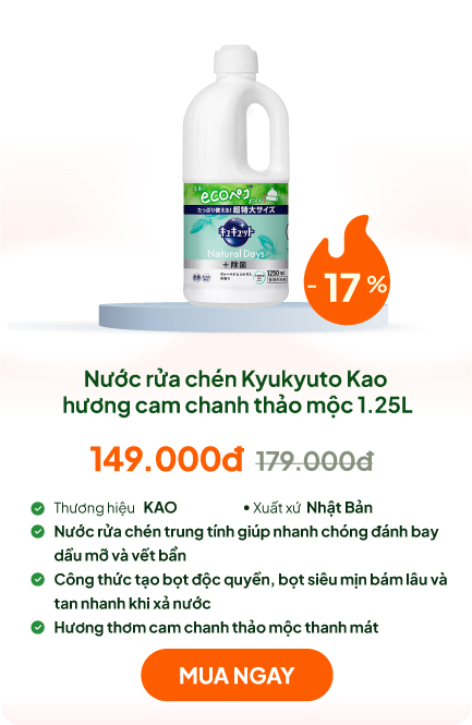 Nước rửa chén Nhật Bản Kyukyuto Kao kháng khuẩn, dịu nhẹ da tay hương cam chanh thảo mộc 1.25L
