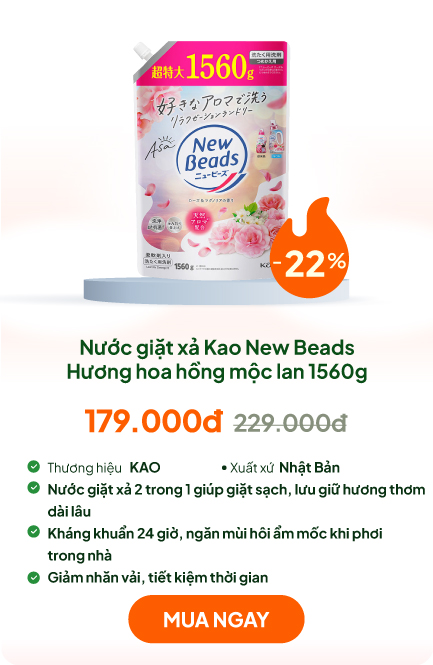 Nước giặt xả kháng khuẩn khử mùi, chống nhăn Kao New Beads Hương hoa hồng mộc lan 1560g