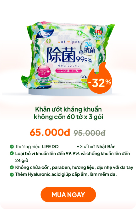 Khăn ướt kháng khuẩn không cồn 60 tờ x 3 gói