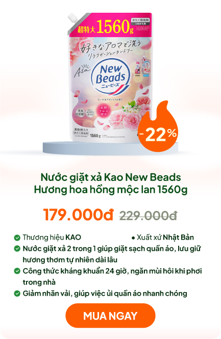 Nước giặt xả kháng khuẩn khử mùi, chống nhăn Kao New Beads Hương hoa hồng mộc lan 1560g