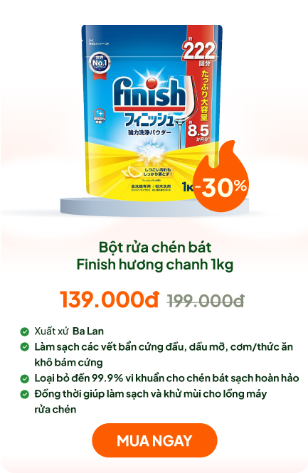 Bột rửa chén bát Finish khử mùi kháng khuẩn, sạch lồng máy hương chanh 1kg