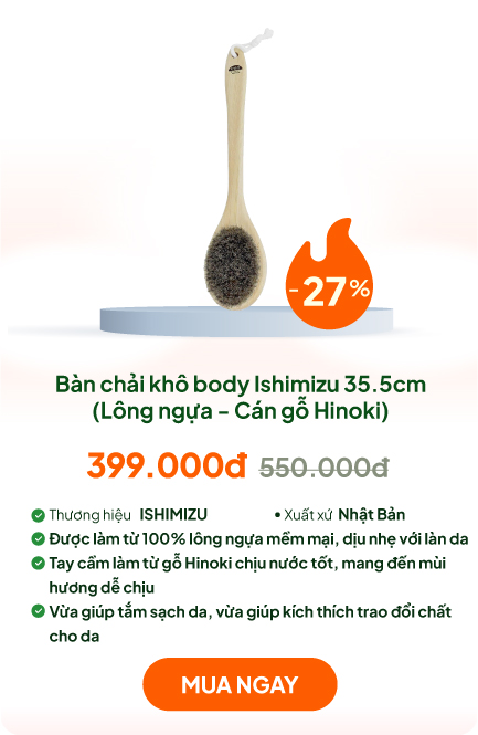 Bàn chải khô body, tẩy da chết, tắm massage toàn thân Ishimizu 35.5cm (Lông ngựa - Cán gỗ Hinoki)