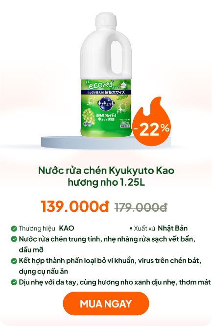 Nước rửa chén Kyukyuto Kao chống khuẩn tạo bọt hương nho 1.25L