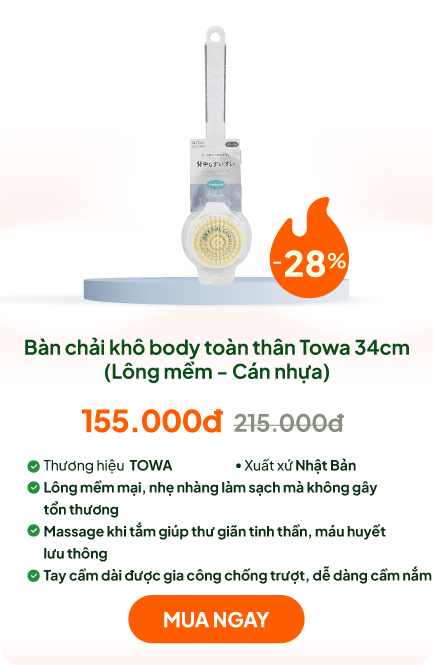 Bàn chải khô body, tẩy da chết, tắm massage toàn thân Towa 34cm (Lông mềm - Cán nhựa)