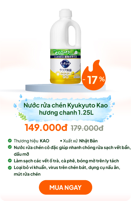 Nước rửa chén Kyukyuto Kao chống khuẩn khử mùi hương chanh 1.25L