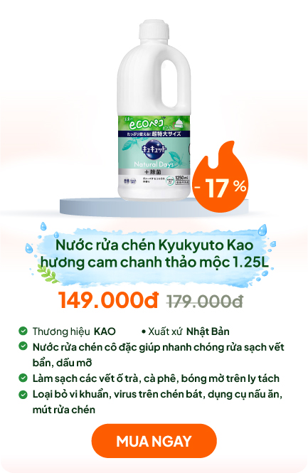 Nước rửa chén Nhật Bản Kyukyuto Kao kháng khuẩn, dịu nhẹ da tay hương cam chanh thảo mộc 1.25L