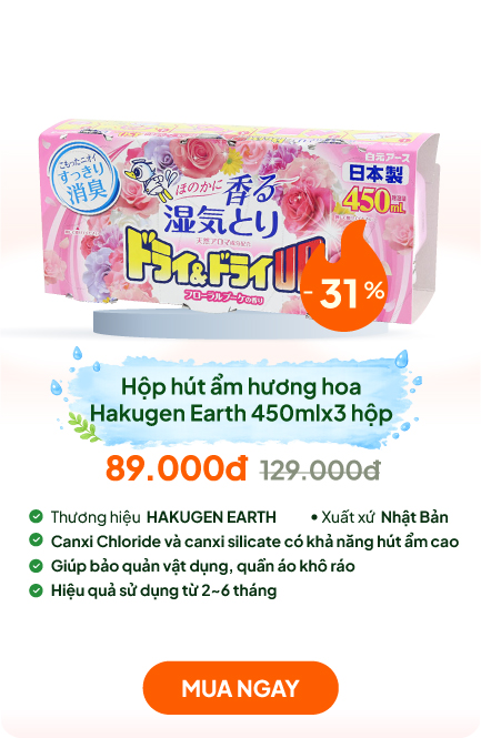 Hộp hút ẩm khử mùi ẩm mốc ngăn tủ Nhật Bản hương hoa thiên nhiên Hakugen Earth 450mlx3 hộp