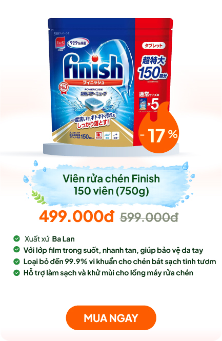 Viên rửa chén Finish khử mùi kháng khuẩn, sạch lồng máy 150 viên (750g)