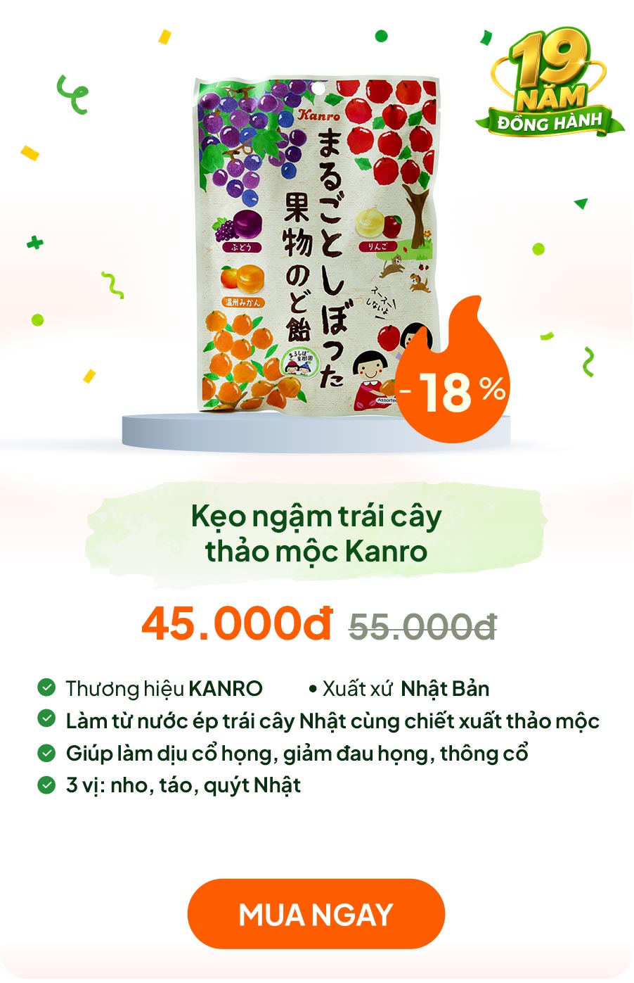 Kẹo ngậm trái cây thảo mộc Nhật Bản Kanro  80g