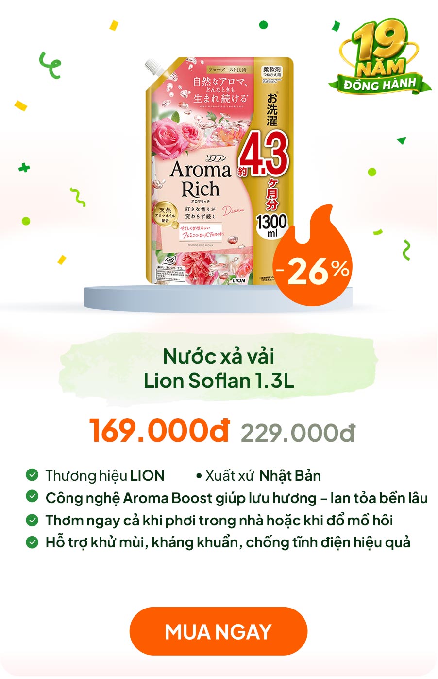 Nước xả vải Nhật Bản tinh dầu thơm lưu hương dài lâu khử mùi kháng khuẩn hương hoa hồng Lion Soflan 1.3L