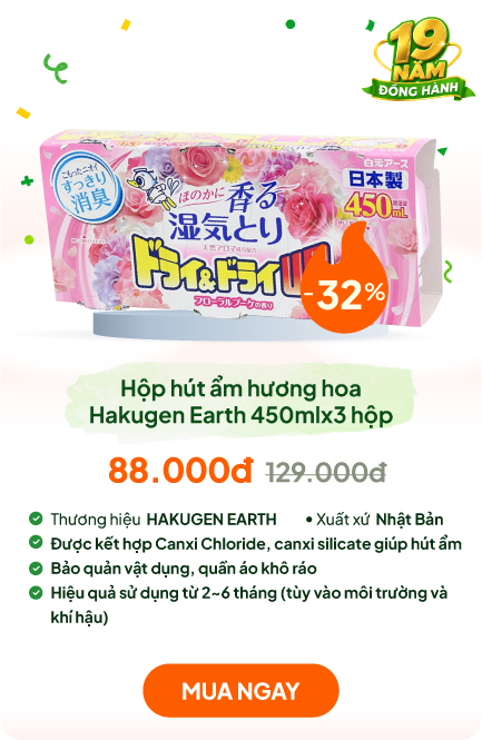 Hộp hút ẩm khử mùi ẩm mốc ngăn tủ Nhật Bản hương hoa thiên nhiên Hakugen Earth 450mlx3 hộp