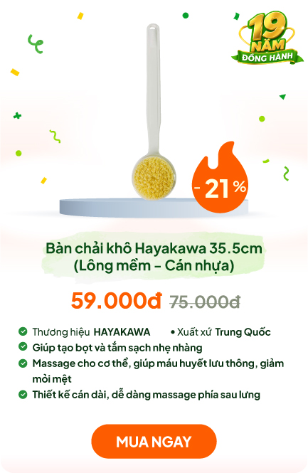 Bàn chải khô body, tẩy da chết, tắm massage toàn thân Hayakawa  35.5cm (Lông mềm - Cán nhựa)