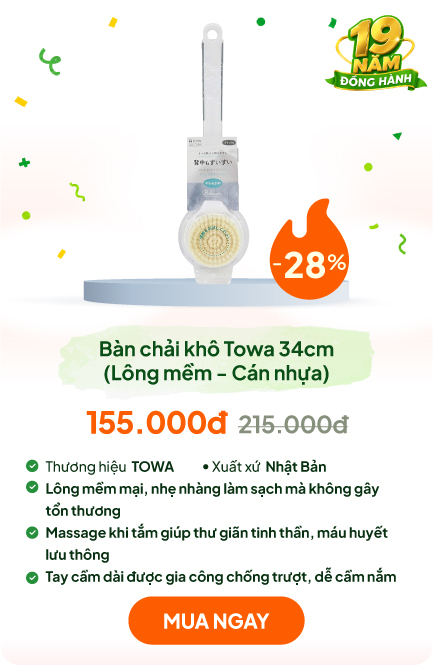 Bàn chải khô body, tẩy da chết, tắm massage toàn thân Towa 34cm (Lông mềm - Cán nhựa)