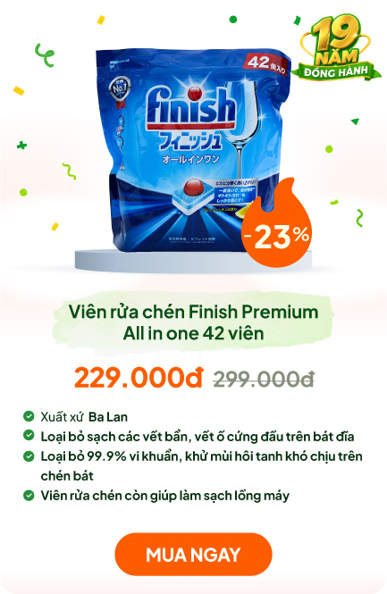 Viên rửa chén Finish khử mùi kháng khuẩn, sạch lồng máy Premium All in one 42 viên