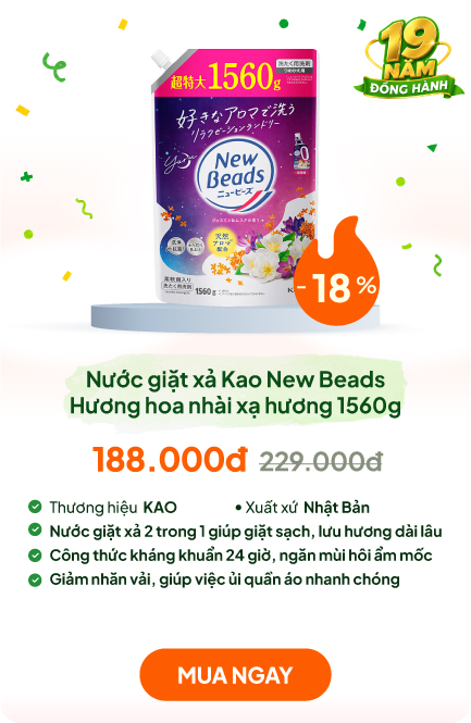 Nước giặt xả kháng khuẩn khử mùi, chống nhăn Kao New Beads Hương hoa nhài xạ hương túi 1560g