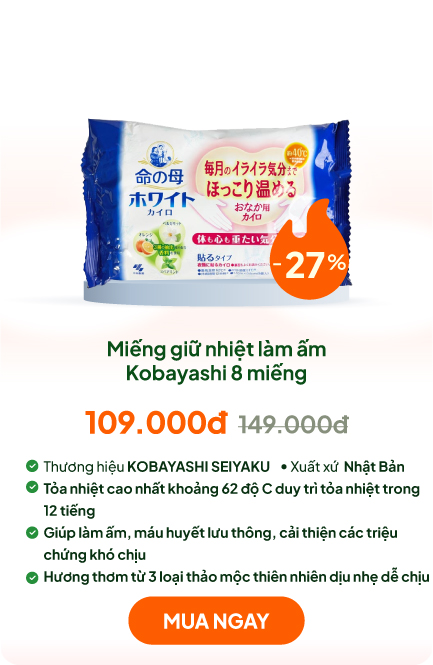 Miếng giữ nhiệt làm ấm, giảm đau bụng hương bạc hà cam chanh Kobayashi 8 miếng (có keo dán)