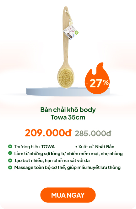 Bàn chải khô body, tẩy da chết, tắm massage toàn thân Towa 35cm (Lông tự nhiên - Cán gỗ)