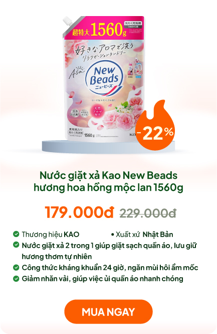 Nước giặt xả kháng khuẩn khử mùi, chống nhăn Kao New Beads Hương hoa hồng mộc lan 1560g