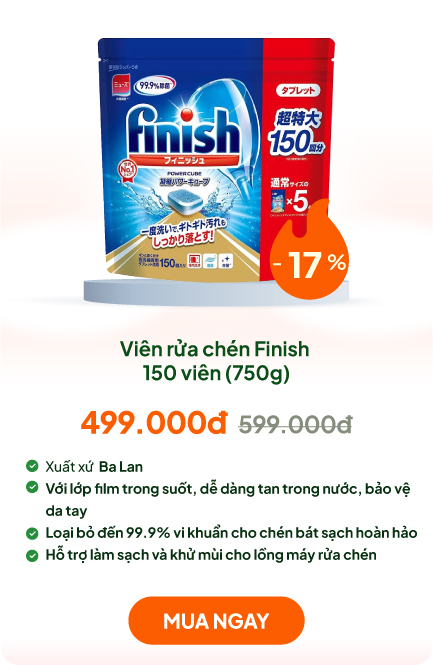 Viên rửa chén Finish khử mùi kháng khuẩn, sạch lồng máy 150 viên (750g)