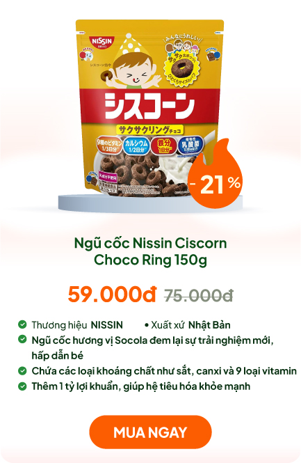 TPBS: Ngũ cốc dinh dưỡng Nhật Bản Nissin Ciscorn Choco Ring 150g, bổ sung sắt, canxi, vitamin, lợi khuẩn