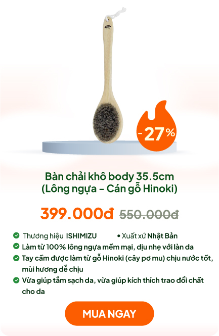 Bàn chải khô body, tẩy da chết, tắm massage toàn thân Ishimizu 35.5cm (Lông ngựa - Cán gỗ Hinoki)