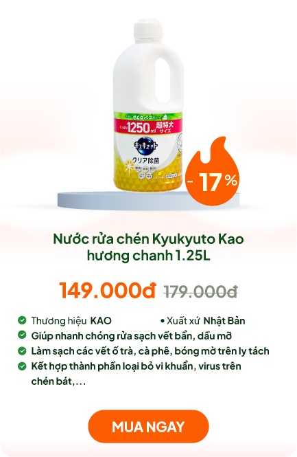 Nước rửa chén Kyukyuto Kao chống khuẩn khử mùi hương chanh 1.25L
