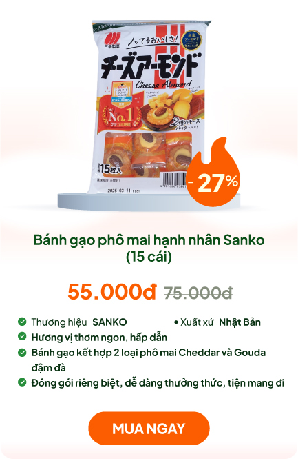 Bánh gạo Nhật Bản phô mai hạnh nhân Sanko, kết hợp 2 loại phô mai đậm vị 65.2g (15 cái)