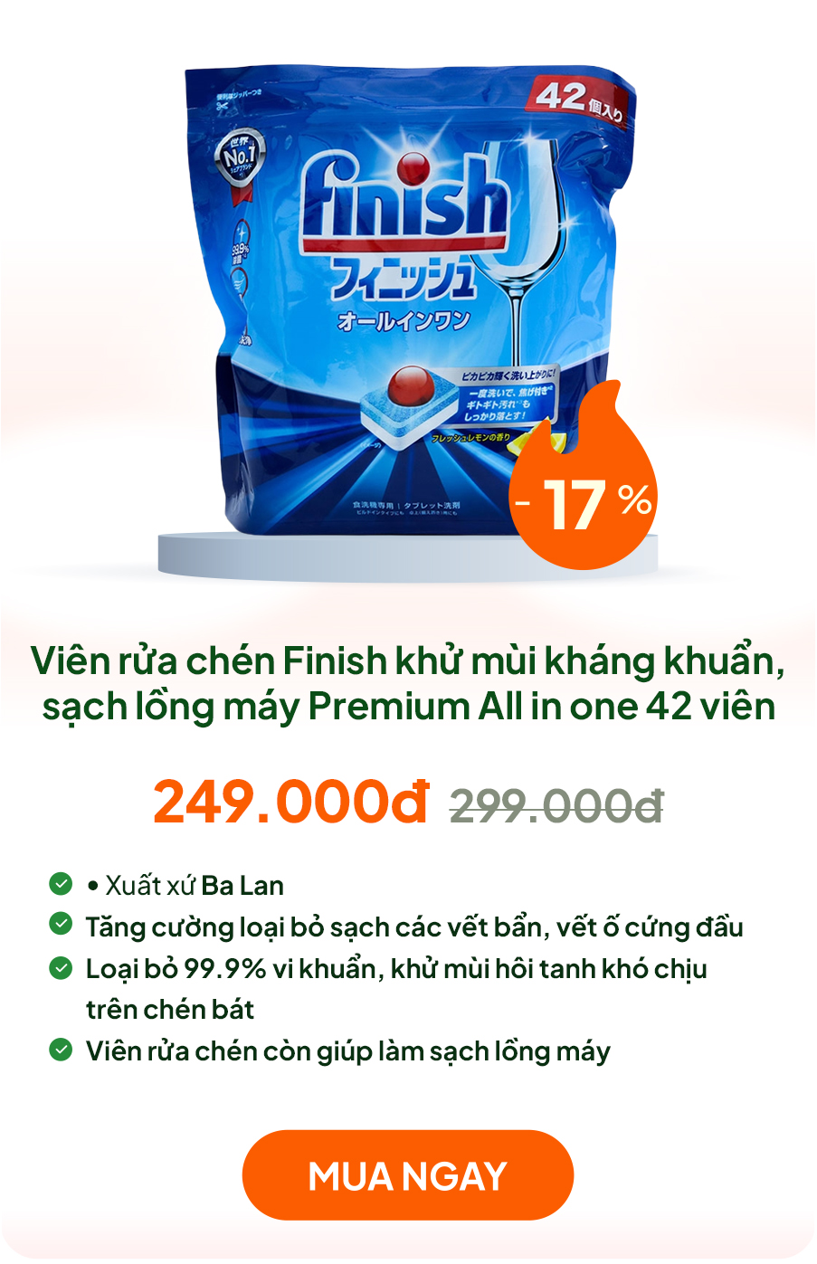 Viên rửa chén Finish khử mùi kháng khuẩn, sạch lồng máy Premium All in one 42 viên