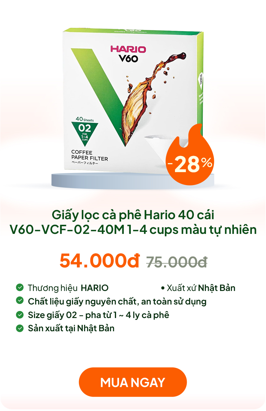 Giấy lọc cà phê Hario Nhật Bản 40 cái (V60-VCF-02-40M)