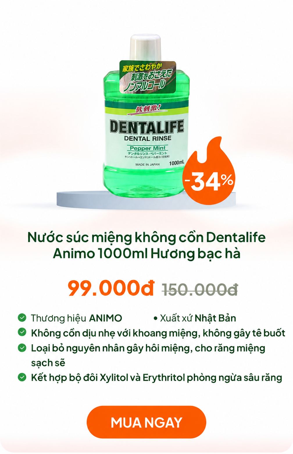 Nước súc miệng Nhật Bản không cồn dịu nhẹ Dentalife Animo 1000ml Hương bạc hà