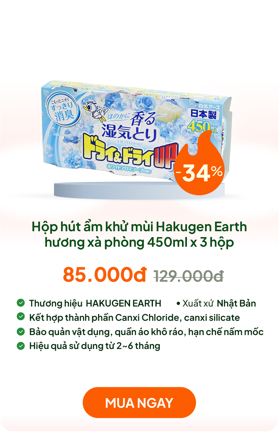 Hộp hút ẩm khử mùi ẩm mốc ngăn tủ Nhật Bản hương xà phòng tươi mát Hakugen Earth 450mlx3 hộp