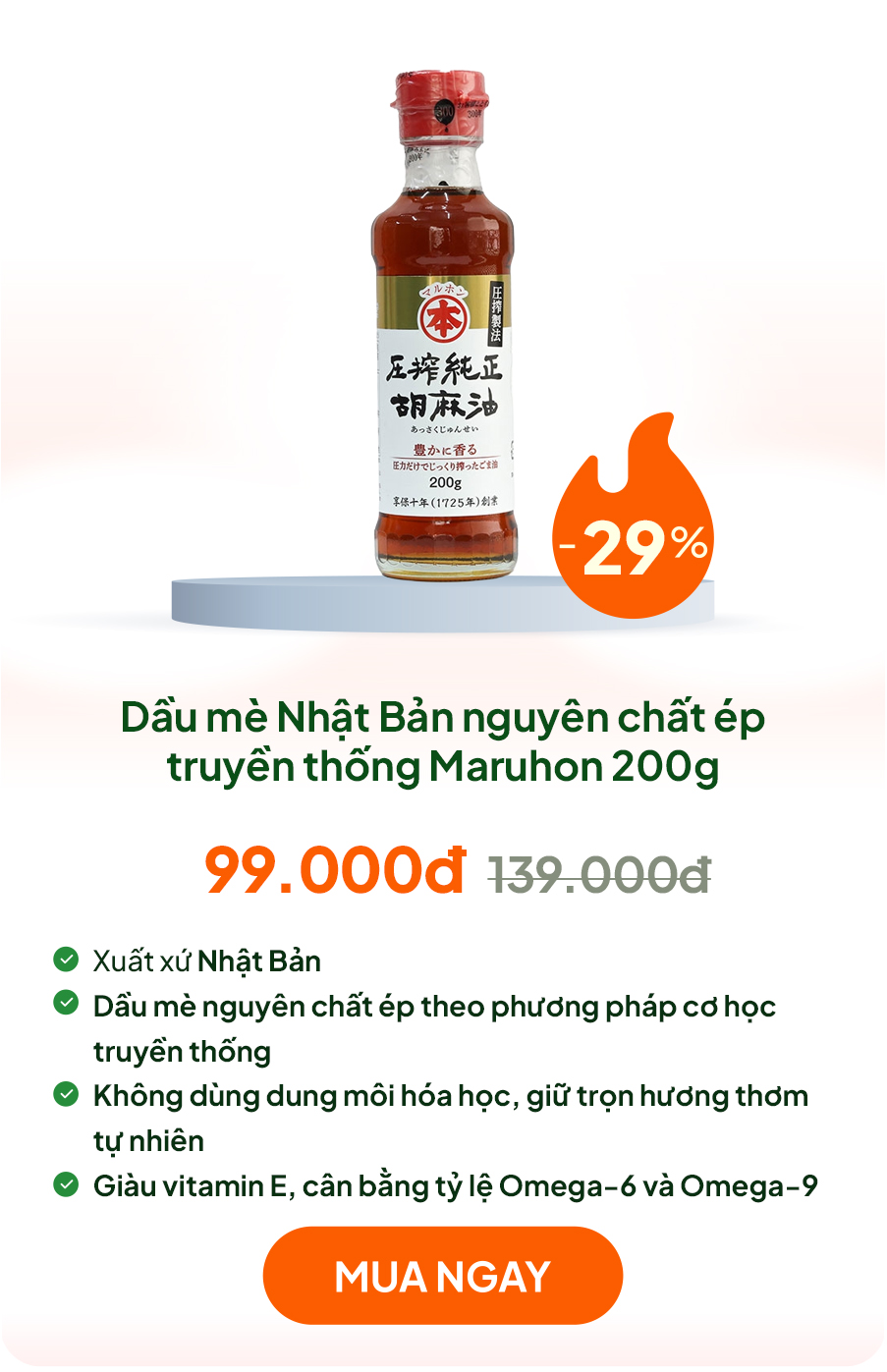 Dầu mè Nhật Bản nguyên chất ép truyền thống Maruhon 200g