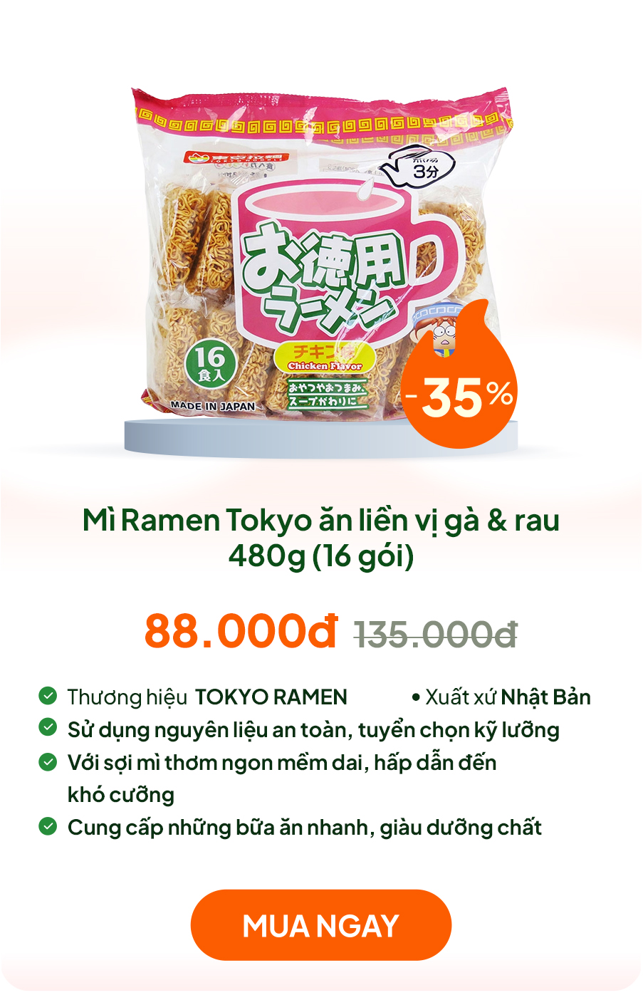 Mì Ramen Tokyo ăn liền vị gà & rau 480g (16 gói)