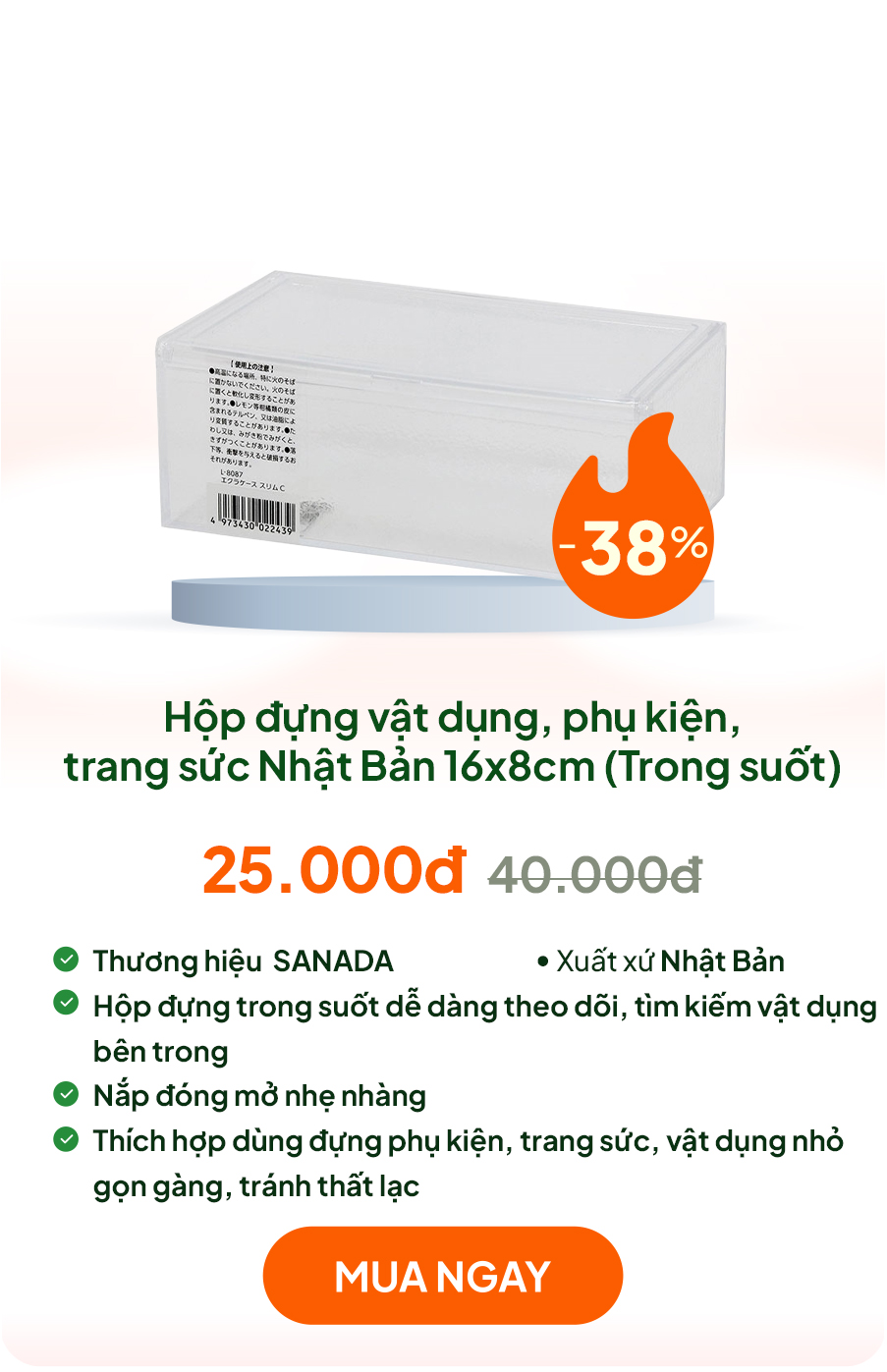 Hộp đựng vật dụng, phụ kiện, trang sức Nhật Bản 16x8cm (Trong suốt)