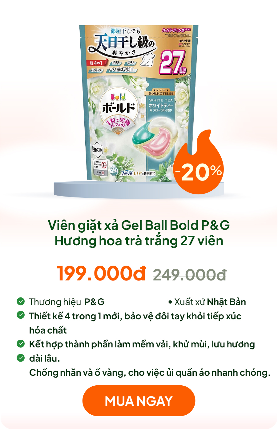 Viên giặt xả Nhật Bản khử mùi, chống nhăn, ố vàng 4 trong 1 Gel Ball Bold P&G Hương hoa trà trắng 27 viên
