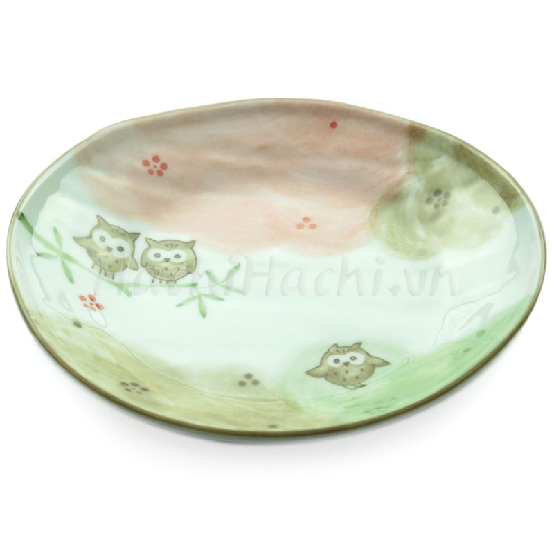 Đĩa sứ Nhật Bản 16.5x15.5cm, Đĩa gốm sứ nông lòng, đĩa gốm sứ cạn lòng, dùng được lò vi sóng (Cú mèo may mắn) thương hiệu 