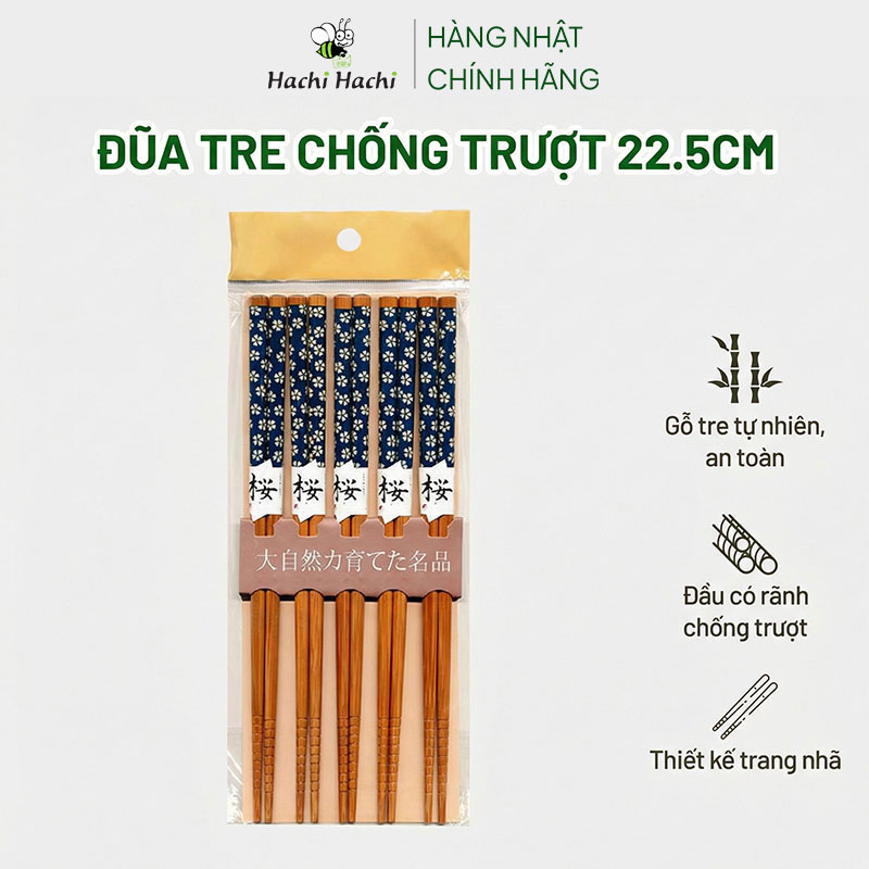 Đũa tre đầu nhọn họa tiết Nhật chống trượt Living 22.5cm (5 đôi) Hoa xanh thương hiệu LIVING