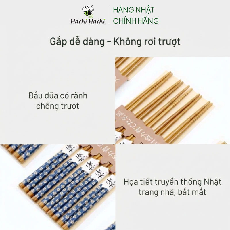 Đũa tre đầu nhọn họa tiết Nhật chống trượt Living 22.5cm (5 đôi) Hoa xanh thương hiệu LIVING