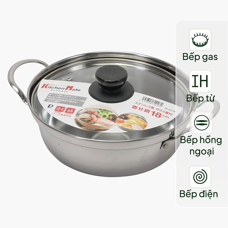 Nồi inox Pearl Metal 18cm kèm nắp kính, dùng được bếp từ