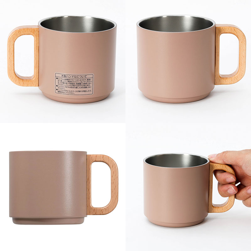 Ca, cốc, ly giữ nhiệt inox Pearl Metal 350ml quai gỗ (Hồng Beige) thương hiệu PEARL METAL