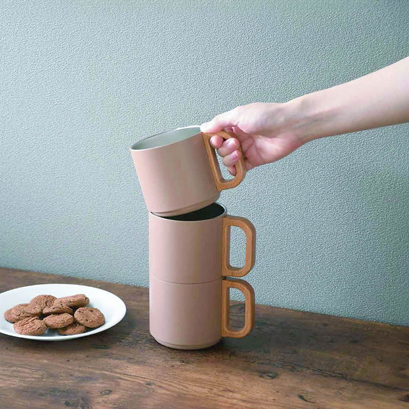 Ca, cốc, ly giữ nhiệt inox Pearl Metal 350ml quai gỗ (Hồng Beige) thương hiệu PEARL METAL